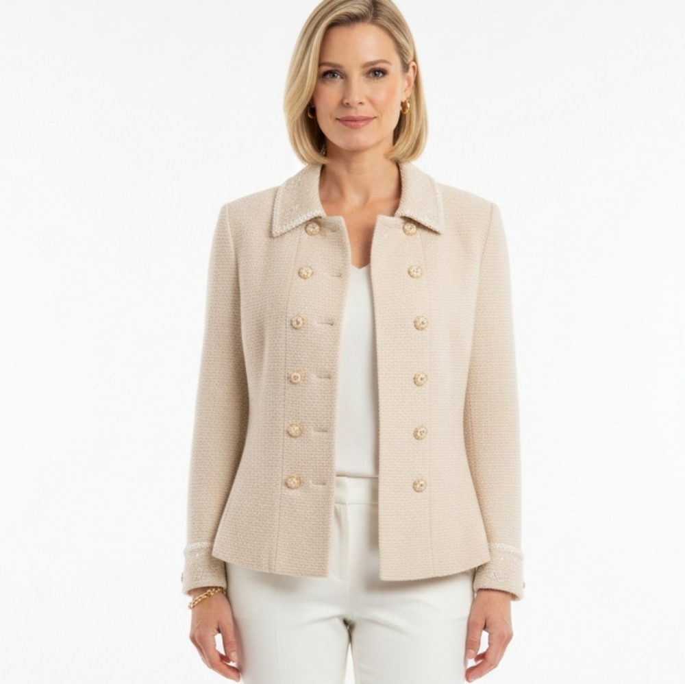 St. John Double Breasted Gold Button Cream Santa Knit Women’s Sweater Blazer XS